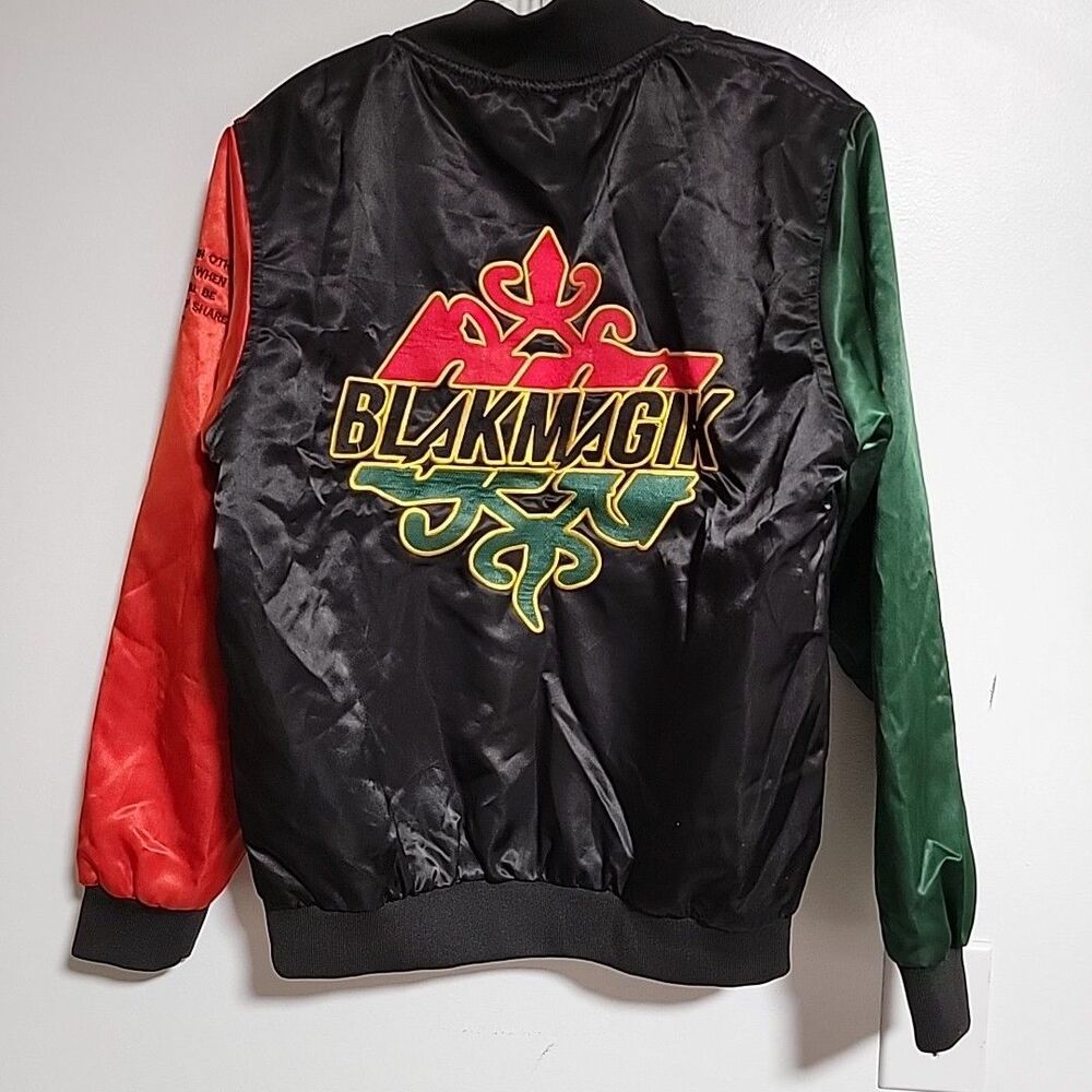 Blakmagik Mens Satin Varsity Bomber Jacket Rasta Colorblock Dragon Patch S